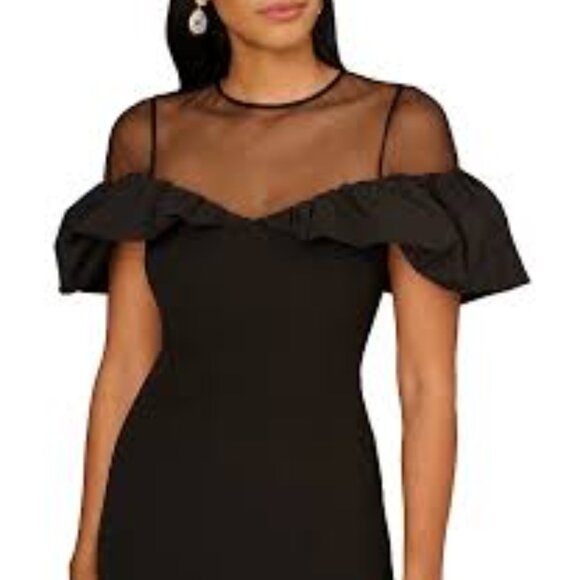 Aidan Mattox black bonded crepe illusion ruffle midi cocktail dress size 2 - Picture 2 of 4